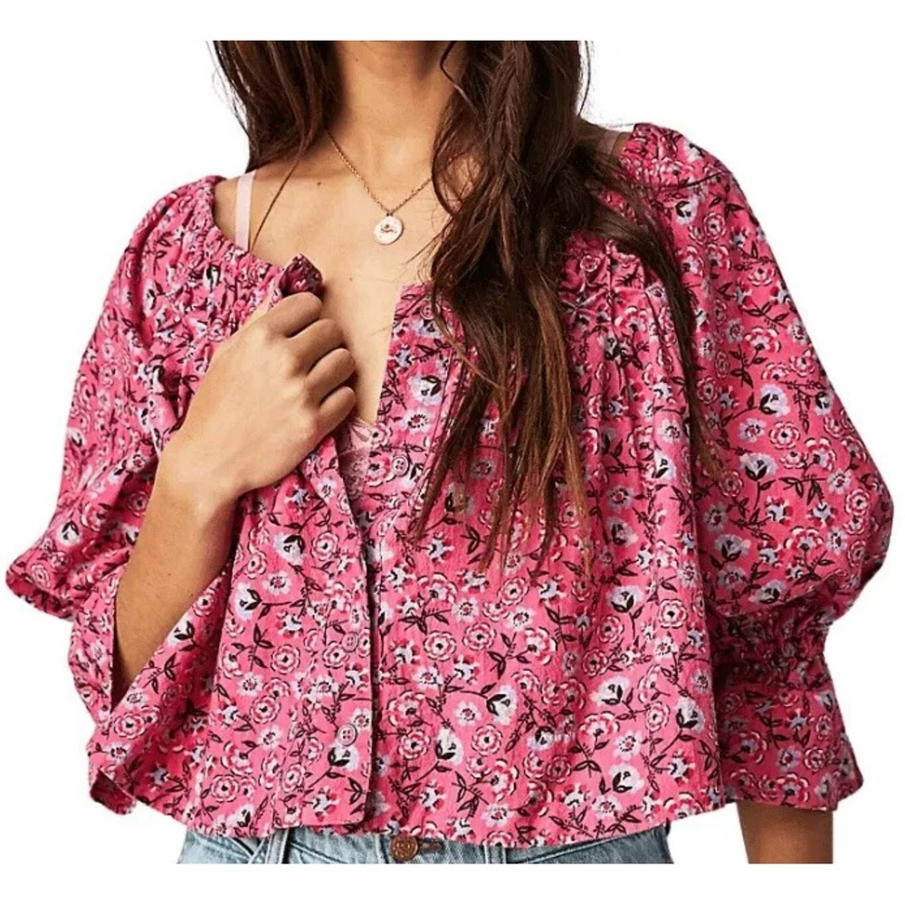 Free People Pink Floral Cotton Blouse Square Neck Balloon Sleeve XS OB1704943